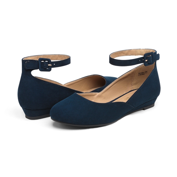 Ankle Strap Low Wedge Flats - NAVY SUEDE - 4